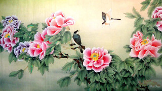 Flowers birds wall flying painting - ukiyoe free wallpaper