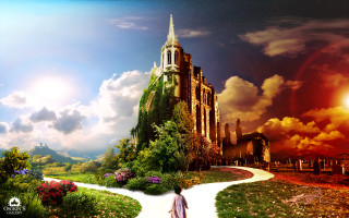Woman walking path building spire 2 - a spire free wallpaper