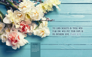 Blue wooden table flowers quote - the lord free wallpaper