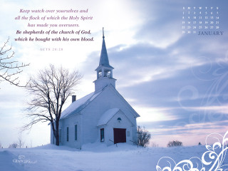 Church snowy field trees calendar - a church free wallpaper
