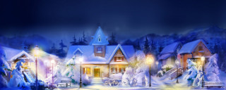 Snowy village church night magic - kinkade free wallpaper