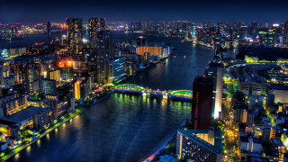 City night bridge river scenery - expressionism free wallpaper