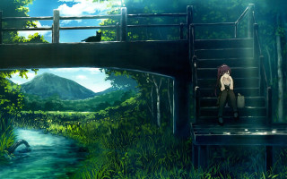 Woman bench bridge river mountain - ufotable free wallpaper