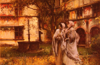 Women courtyard fountain building painting - a courtyard free wallpaper