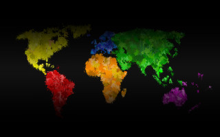 Colorful world map black background - global illumination free wallpaper