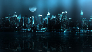 City skyline full moon water 5 - a reflection of the city free wallpaper
