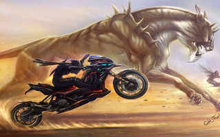 Person riding motorcycle dragon back - cinematic concept art free wallpaper