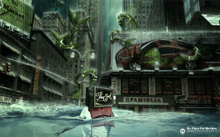Man walking flooded city street - surreal free wallpaper