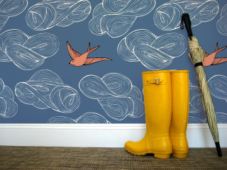Yellow boots umbrella blue wall - stroke free wallpaper