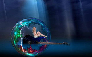 Woman sitting guitar bubble lightning - psychedelic free wallpaper for desktop