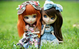 Two dolls sitting grass holding - the others hand free wallpaper