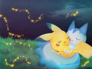 Pokemon couple hugging field night - the sky above them free wallpaper