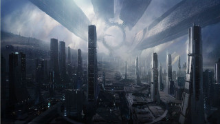 Futuristic city clock tower center - huge free wallpaper for desktop