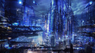 Futuristic city tall buildings night 2 - cedric peyravernay free wallpaper