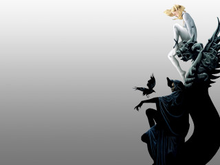 Woman sitting statue bird flying - her side free wallpaper