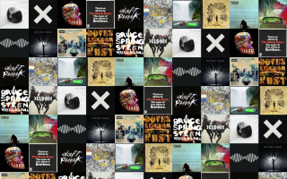 Collage posters person standing bench - maximalist free wallpaper for desktop