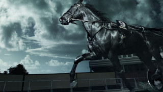 Horse galloping cloudy sky building - a horse free wallpaper