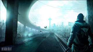 Futuristic man cityscape bird flying - retrofuturism free wallpaper