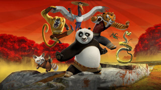 Panda riding rock with animals - other animal free wallpaper