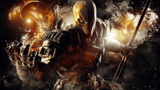 Man yellow mask gun knife 2 - a fireball in the background free wallpaper