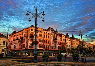 Streetlight building skyline sidewalk artnouveau - art noveau free wallpaper