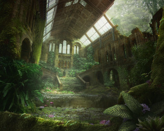 Building pond bridge painting middle - matte painting concept art free wallpaper for desktop