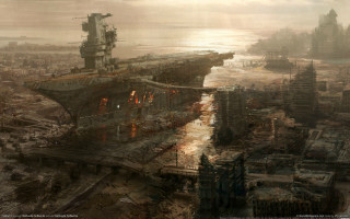 Ship harbor city water painting - apocalyptic free wallpaper