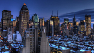 City skyline snow night blue - everett warner free wallpaper