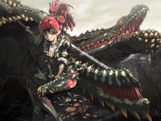 Woman red hair dragon costume - a sword in front free wallpaper