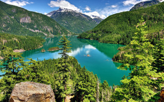 Lake mountains trees boat water 4 - mountain and trees free wallpaper