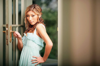 Woman blue dress door handle - a door handle free wallpaper