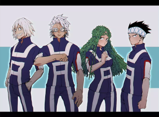 Anime characters group blue white 2 - heroic pose free wallpaper