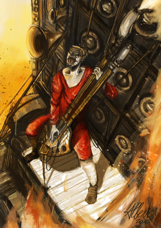 Man guitar fire building painting 2 - daryush shokof free wallpaper for mobile
