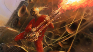 Man playing guitar fire building - mars ravelo and greg rutkowski free wallpaper