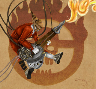 Man guitar fire skull ground - dieselpunk free wallpaper for tablet