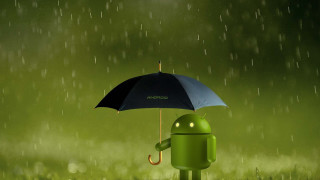 Green android character holding umbrella 8 - android free wallpaper for desktop
