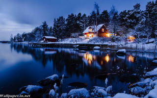 House lake snow trees night 3 - a house free wallpaper
