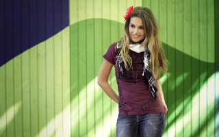 Woman green wall red flower - contemporary fashion free wallpaper