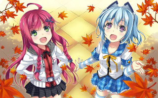 Anime girls colorful hair leaves - two anime girl free wallpaper