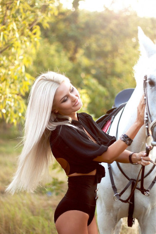 Woman black swimsuit white horse - fashion photography free wallpaper