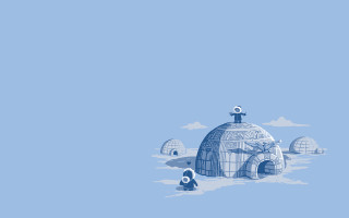 Blue background cartoon building penguin - game art free wallpaper