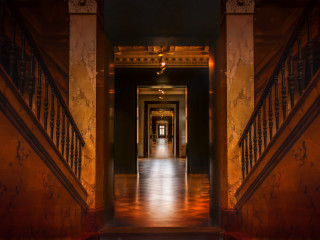Long hallway wooden railing clock - the wall above free wallpaper
