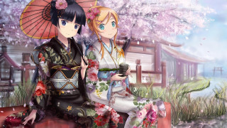 Two women bench tree flowers - a cup free wallpaper