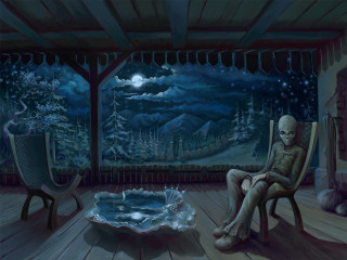 Skeleton chair night sky water - a skeleton free wallpaper