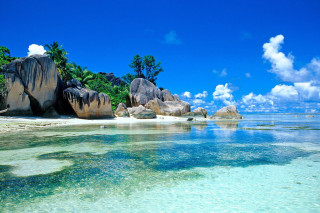 Beach rocks clear water blue 2 - cloud and trees free wallpaper