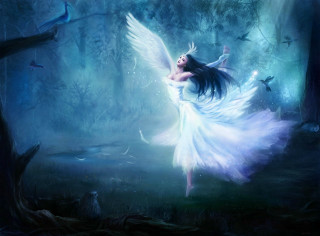 Woman white dress flying forest - dark fantasy art free wallpaper for desktop