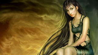 Woman long hair sitting rock - a sky background behind her free wallpaper