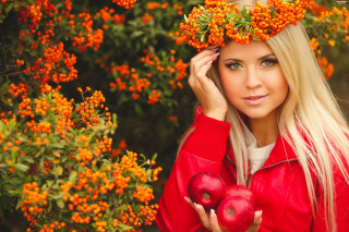 Woman red jacket holding apples - fall vibrancy free wallpaper