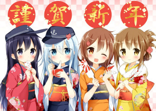 Three girls kimonos hats hands - food free wallpaper