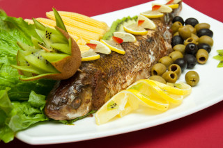 Fish plate olives corn vegetables - other vegetable free wallpaper